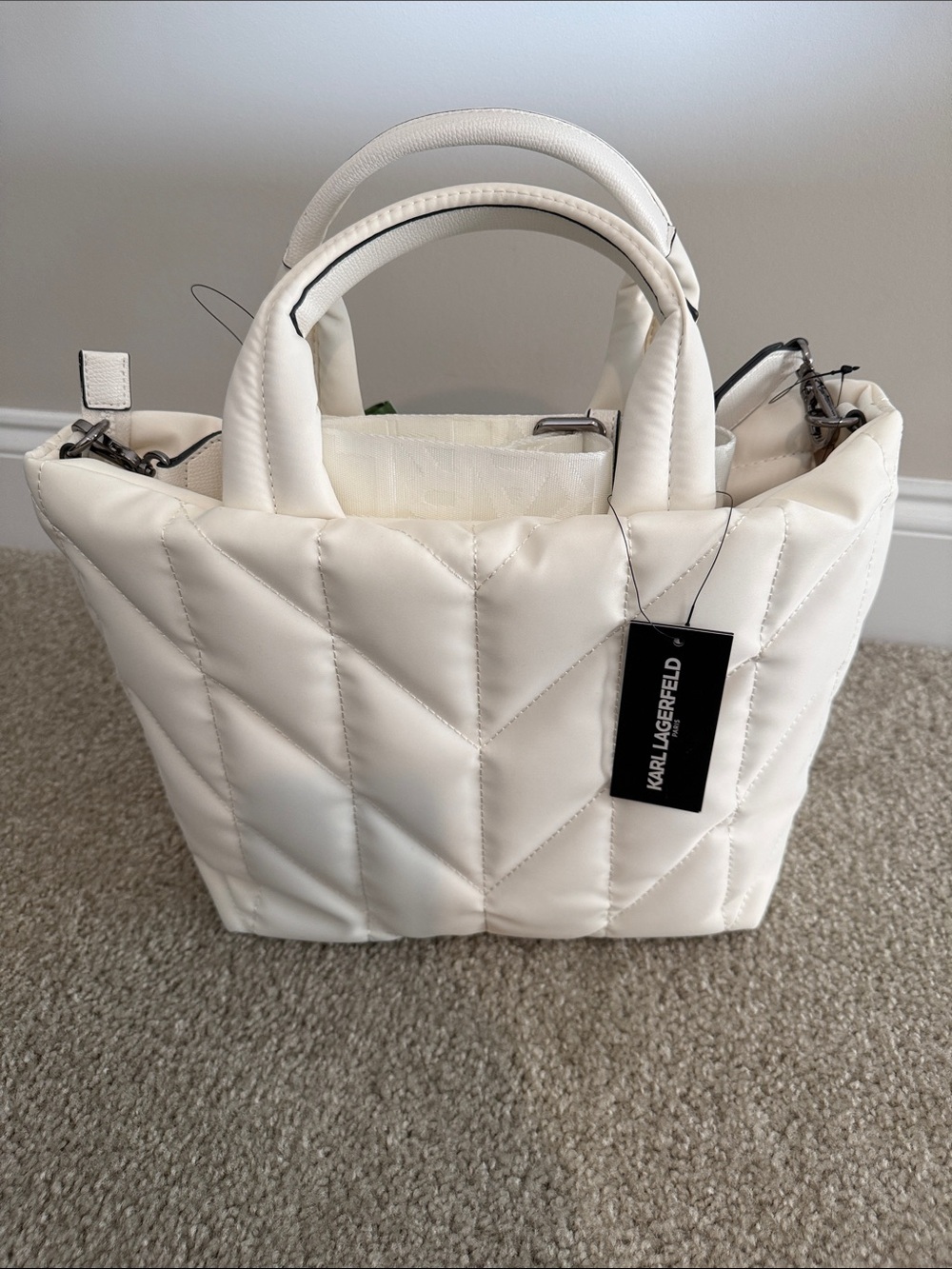 Karl Lagerfeld Winter White Quilted Tote with Floral Bow Charm - Picture 4 of 14